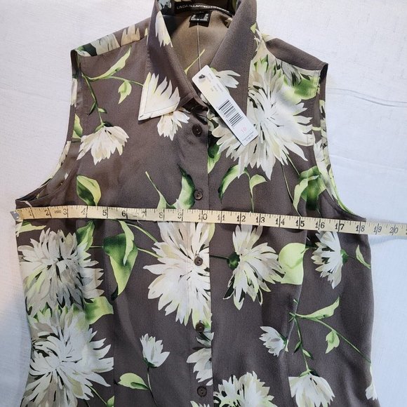 LINDA ALLARD ELLEN TRACY Brown Floral Sheer Silk Tie Sleeveless Blouse Size 10 - Picture 8 of 12